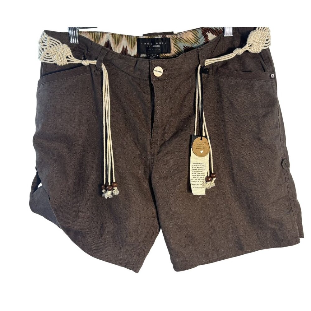 Brown Linen Blend Shorts With Crochet Belt & Drawstring Accents Size 12 - Picture 3 of 10